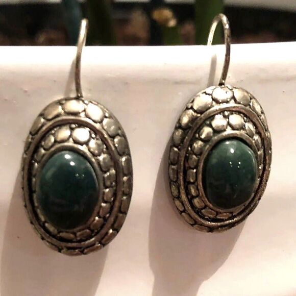 Oval Earrings Teal Center Stone Silver Tone - Picture 2 of 5